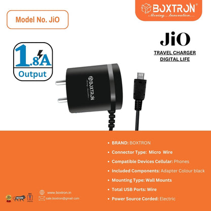 Boxtron BX-Jio Wall Charger with 1 USB Port Adaptor and Mirco USB Cable, Fast Charging with 1.8A Output, Temperature Control,Compact Design Easy to Carry (JIO Black)