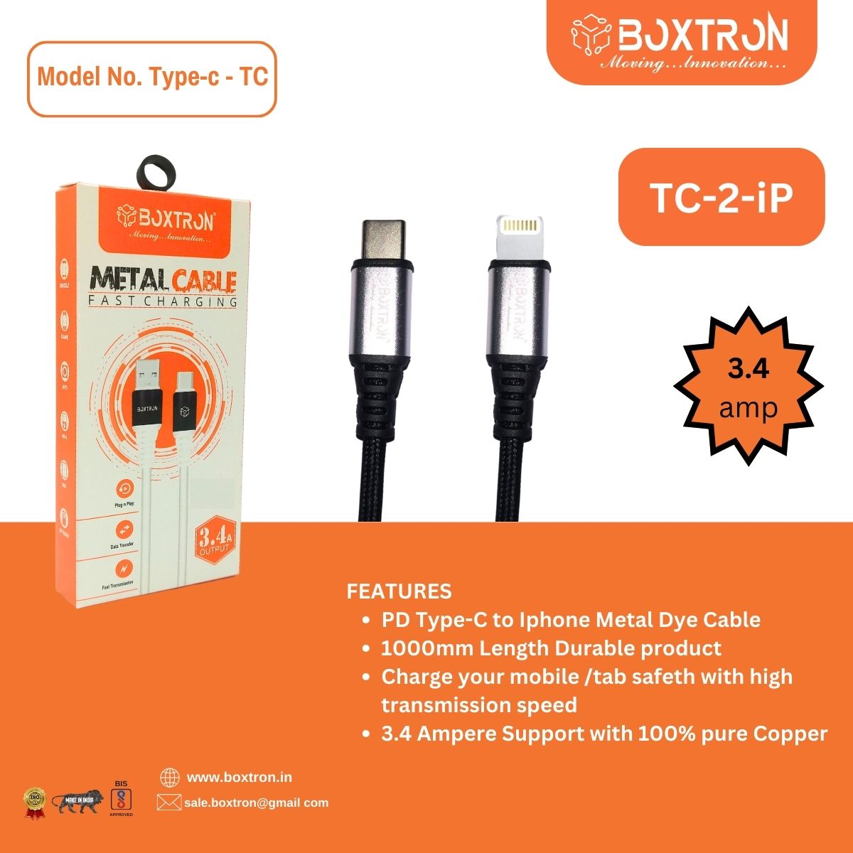 Boxtron Pd Type C to iPHONE braided cable..