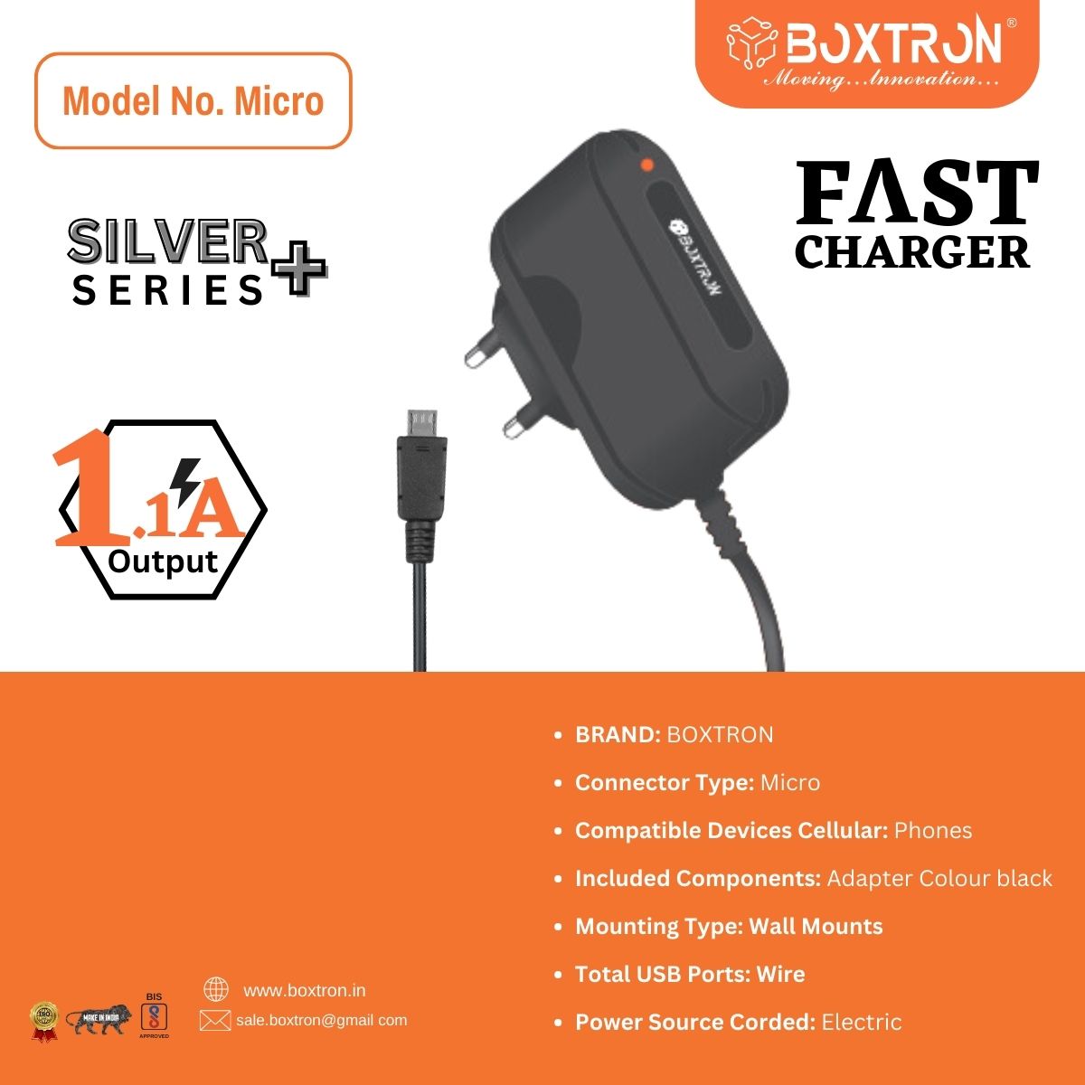 Boxtron BX-V8 Micro-Mobile Charger Compatible Charger For Mobile Phones Micro Pin Charger, Black