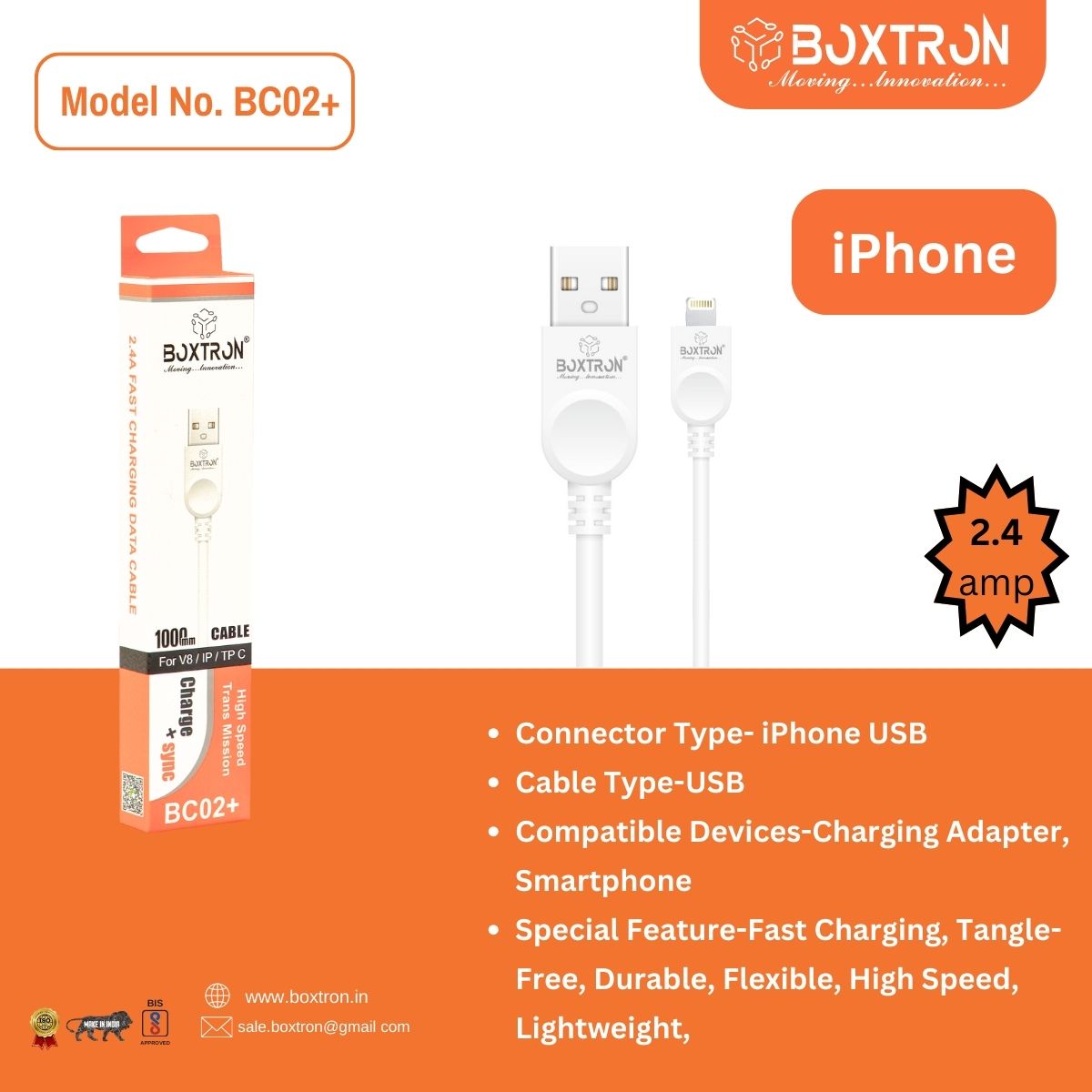 Boxtron BC02+ IPHONE 2.4 A Fast Charging Data Cable. .